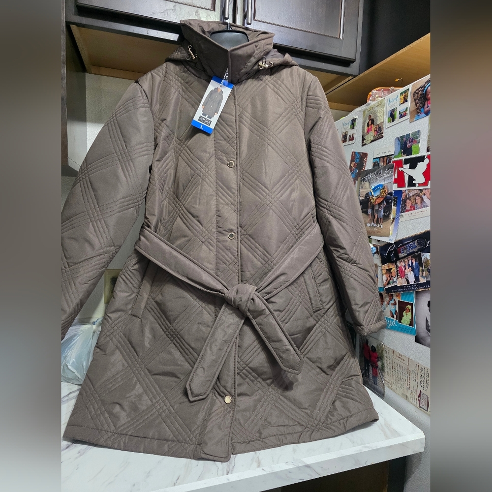 Jones New York Taupe Quilted Brown Puffer Coat Women Size Large